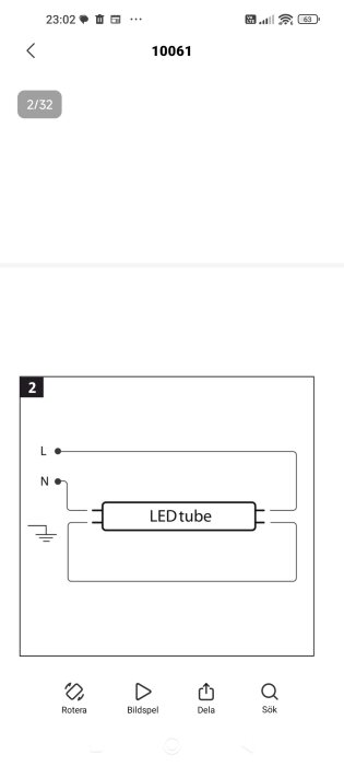 Elektrisk kopplingsschema för LED-rör, visar anslutningar till L (liv), N (neutral) och jord, utan elektronisk ballast.