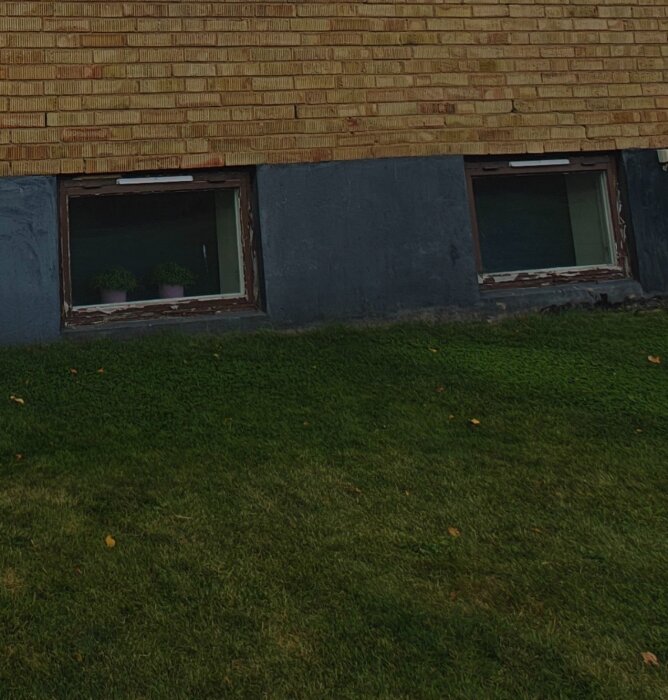 Två källarfönster med gamla ramar under en gul tegelvägg, belägna i en grön gräsmatta.