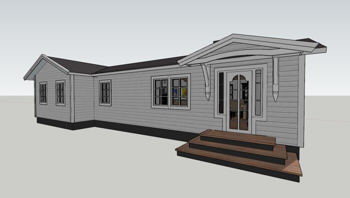 3D-modell av ett hus designat i Sketchup Make 2017, visar fasad, fönster och entré med trappsteg.