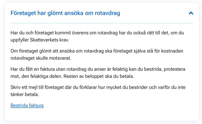 Text med rubriken "Företaget har glömt ansöka om rotavdrag" och instruktioner för att bestrida faktura utan rotavdrag.