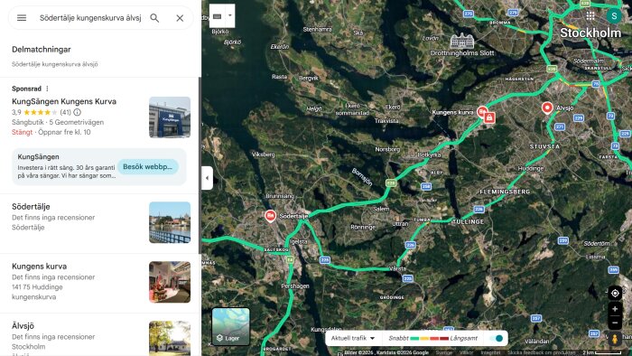 Karta över Stockholm och omgivningar med markerade platser som Södertälje, Älvsjö och Kungens Kurva, samt sökresultat på vänster sida.
