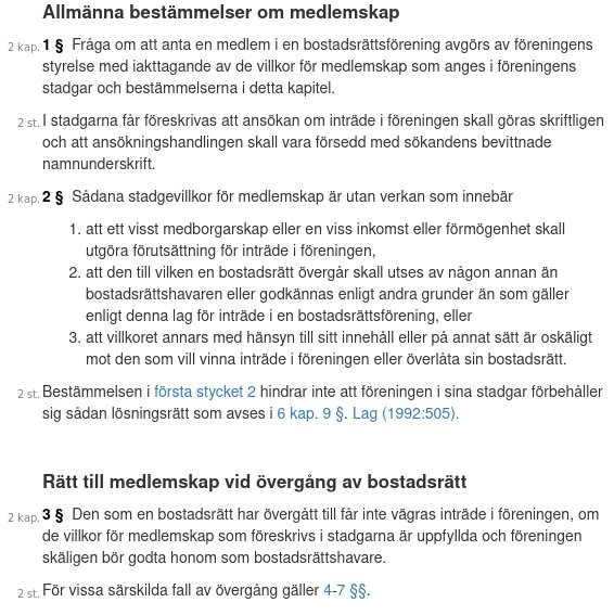 Bild av text från bostadsrättslagen som beskriver regler för medlemskap i en förening, inklusive villkor och procedurer för ansökan och inträde.