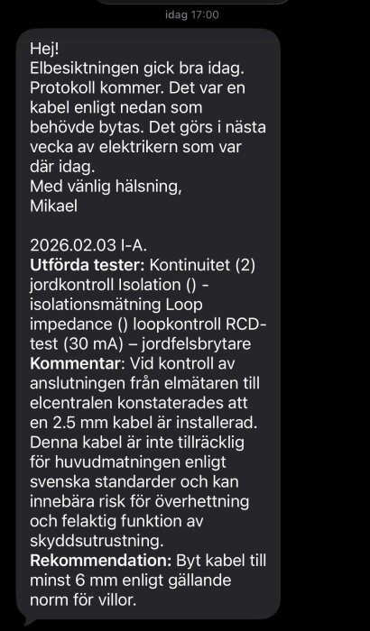 SMS-konversation om elbesiktning, kabelbyte rekommenderas från 2.5 mm till 6 mm för säker installation enligt svensk standard.