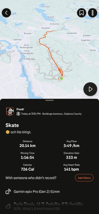 Kartbild över en skate-rutt i Borlänge kommun med distans 20,14 km och genomsnittstempo 3:49/km. Temperatur: -11°C.