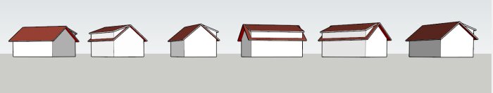 Sex vitmålade husmodeller med rött sadeltak på ett grått underlag, ritade i en arkitekturmodell.