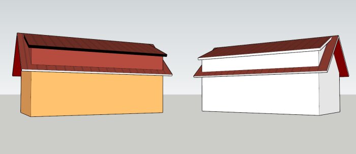 Två 3D-modeller av hus med bruna tak; ena huset har en gul fasad, det andra är vitt.