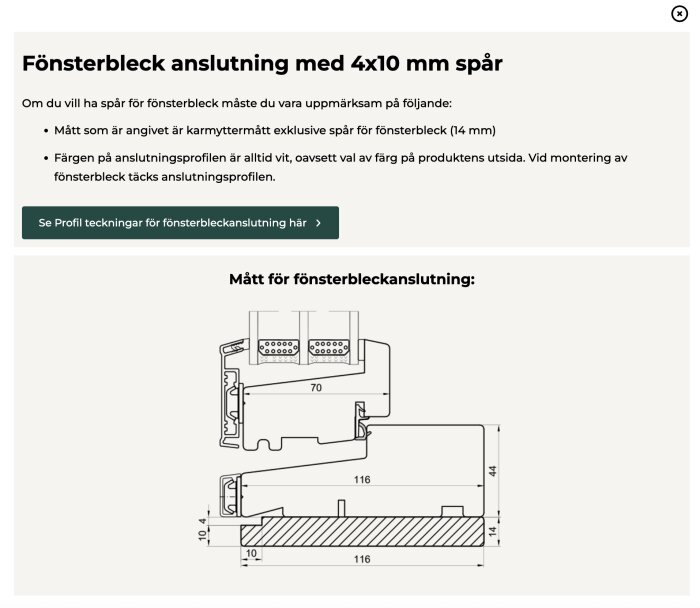 Ritning av anslutningsprofil med mått för fönsterblecksanslutning, inklusive en 14 mm profil för fasta och vridfönster.