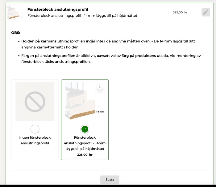 Produktval för fönsterbleck anslutningsprofil, 14mm höjdtillägg, pris 325 kr, inkluderar information om profilens höjd och färg.