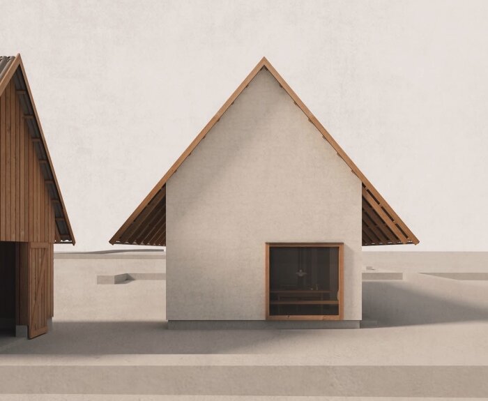 Ritning av ett modernt hus med brant tak och stort fönster, del av diskussion om kostnadseffektiva bygglösningar.