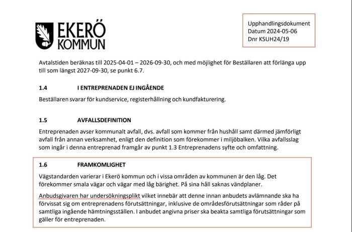 Upphandlingsdokument från Ekerö kommun gällande entreprenad för kommunalt avfall, med avsnitt om avfallsdefinition och framkomlighet.