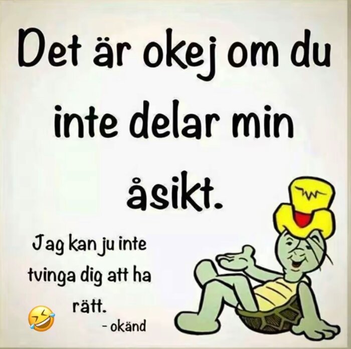 En tecknad sköldpadda i gul hatt ligger avslappnat. Text: "Det är okej om du inte delar min åsikt. Jag kan ju inte tvinga dig att ha rätt.