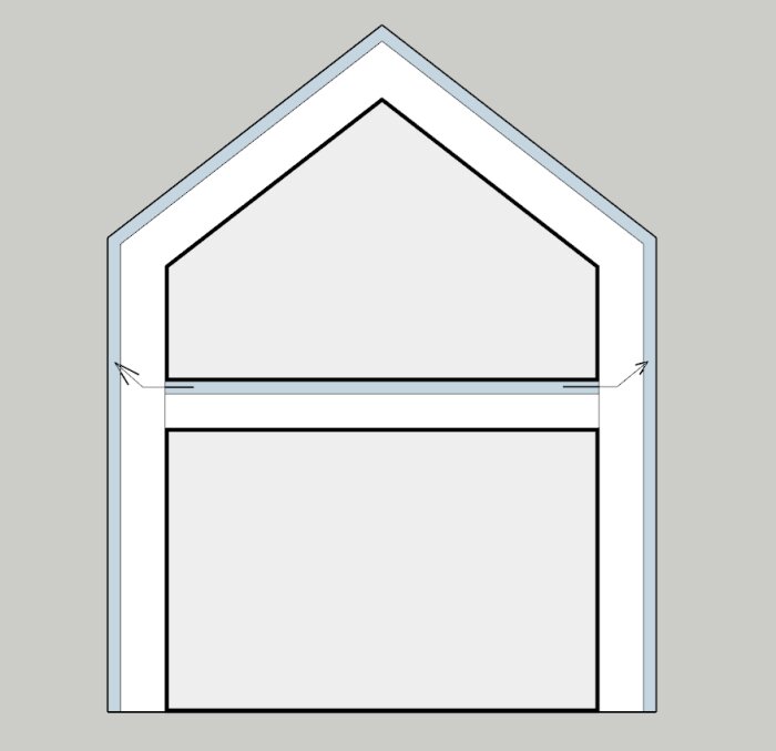 Ritning av ett hus med luftspalt mellan garaget och lägenheten, visar fuktens rörelse uppåt genom väggar.