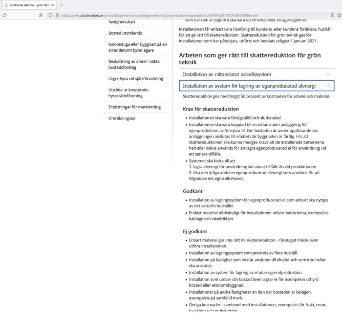 Text från Skatteverkets webbsida om skattereduktion för nätanslutna solcells- och energilagringssystem.