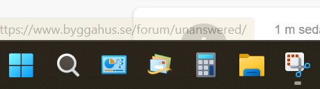 Aktivitetsfält med ikoner för Windows, sökning, diagram, e-post, kalkylator, mapp och ett anslutningsprogram efter en systemuppgradering.