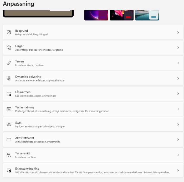Skärmbild av Windows Inställningar > Anpassning med alternativ som bakgrund, färger och teman.