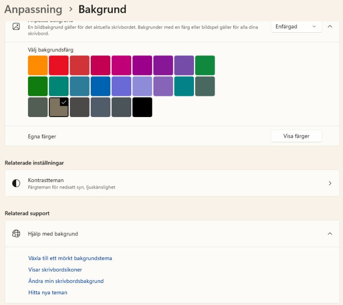 Anpassningsinställningar för bakgrund med färgval, inklusive kontrastteman och supportalternativ för att ändra skrivbordsbakgrund och hitta nya teman.