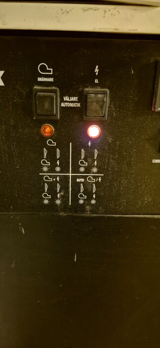 Kontrollpanel med knappar för brännare och el, en lampa lyser för el-läge.