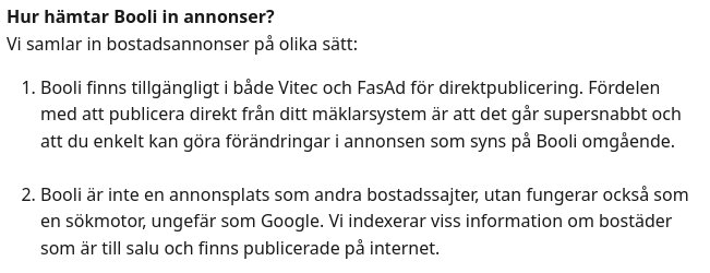 Booli förklarar hur bostadsannonser hämtas via Vitec och FasAd för direktpublicering och genom indexering likt en sökmotor som Google.