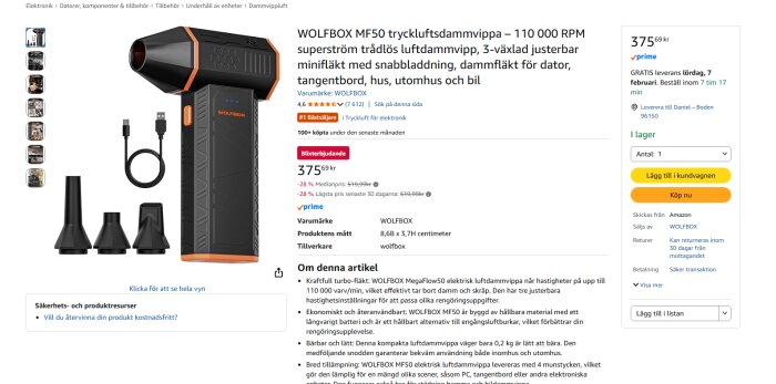 WOLFBOX MF50 tryckluftsdammvippa och tillbehör som används för dammrengöring av elektronik. Visar produkten och dess specifikationer från Amazon.