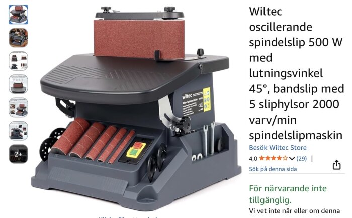 En oscillerande spindelslipmaskin från Wiltec med bandslip och fem runda sliphylsor, visas på ett försäljningsfoto.