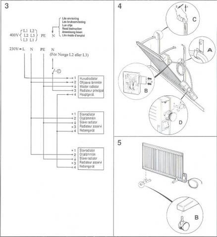 Elkopplingsschema och installation av elradiator med detaljerad steg-för-steg-guide och illustrationer för montering och anslutningar av radiator och termostat.