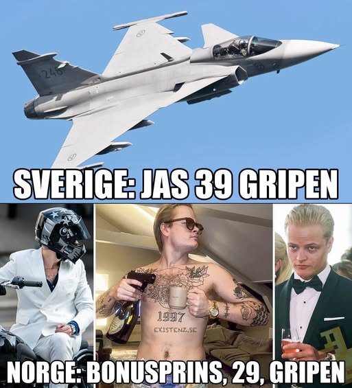 Ett collage med en JAS 39 Gripen och tre män i olika poser, inklusive en på motorcykel och en iförd kostym. Texten nämner Sverige och Norge.