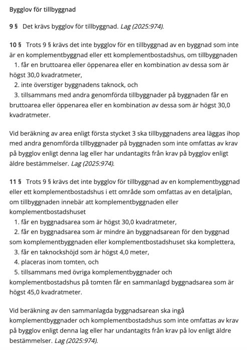 Text om bygglov och undantag för tillbyggnad enligt PBL, med specifika mått och regler.