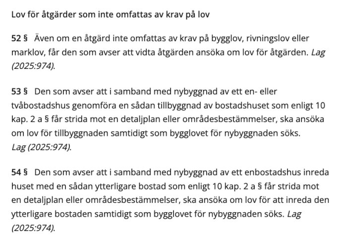 Lagtext om bygglov: 52 §-54 § beskriver lov för åtgärder utan bygglovkrav enligt lag (2025:974).