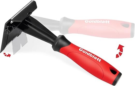 Listborttagare med röd och svart handtag från Goldblatt, designad för att ta bort lister. Verktygets huvud är justerbart och roterbart.