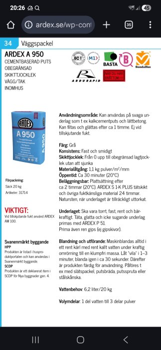 Förpackning av Ardex A 950 cementbaserad puts med produktinformation, användningsområden, och instruktioner för blandning och applicering.