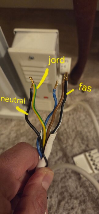 Hand håller elektriska kablar märkta "neutral", "jord" och "fas" framför en vit apparat.