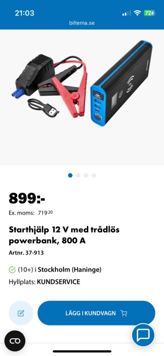 Starthjälp 12 V med trådlös powerbank och kablar, 800 A, från Biltema.