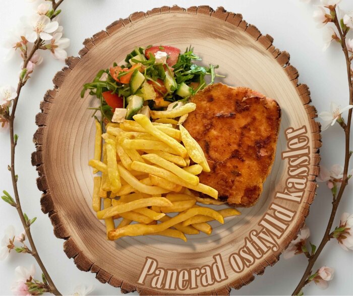 Panerad kassler fylld med ost serverad med pommes frites och sallad på en rustik träbricka med blommor.