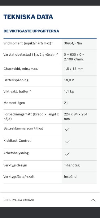 Tabell med tekniska data för en borrmaskin, inklusive vridmoment, varvtal, chuckvidd, batterispänning och vikt.