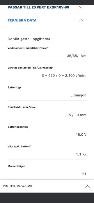 Teknisk specifikation för skruvdragare Expert EXSR18V-90, inklusive vridmoment, varvtal, batterityp, chuckvidd, batterispänning, vikt och momentlägen.