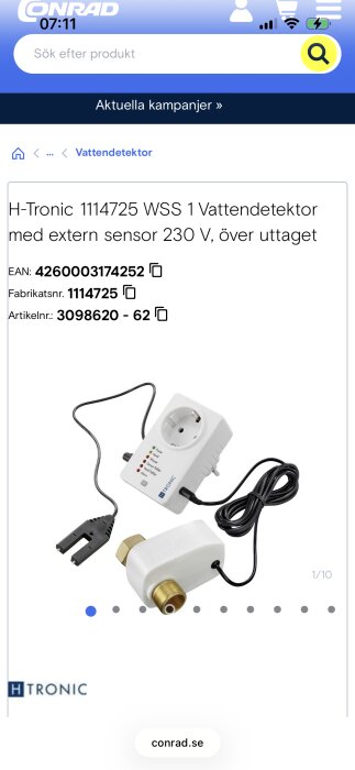 Vattendetektor med extern sensor från H-Tronic, modell WSS 1, 230 V, visas med anslutningar.