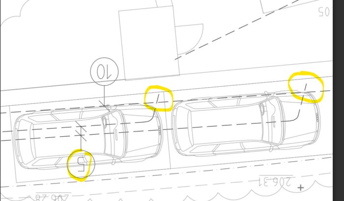 Ritning med två parkerade bilar vid en trottoar, numrerade cirklar markerar kabelkanaler i gul färg, inklusive kanal nummer 5.