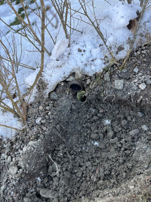 Mark med grus och snö samt en upptäckt svart rörmynning i jorden, omgiven av torkade växter.