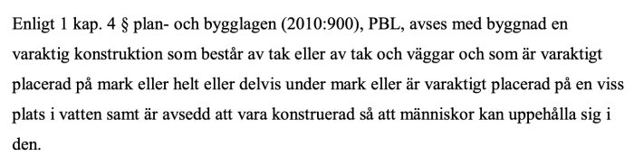Textutdrag från plan- och bygglagen om vad som avses med byggnad.