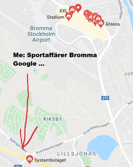 Karta över Bromma med ikonmarkeringar för butiker; humoristisk pil pekar mot Systembolaget efter sökning pÄ sportbutiker.