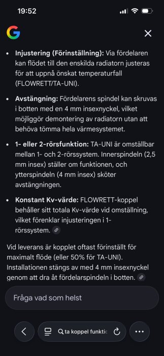 Text om justering och avstängning av radiatorer via fördelare och FLOWRETT/TA-UNI, samt 1- eller 2-rörssystem och konstant Kv-värde.