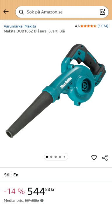 Makita DUB185Z blåsmaskin i svart och blått med handtag och munstycke, visas med pris och betyg på Amazon.