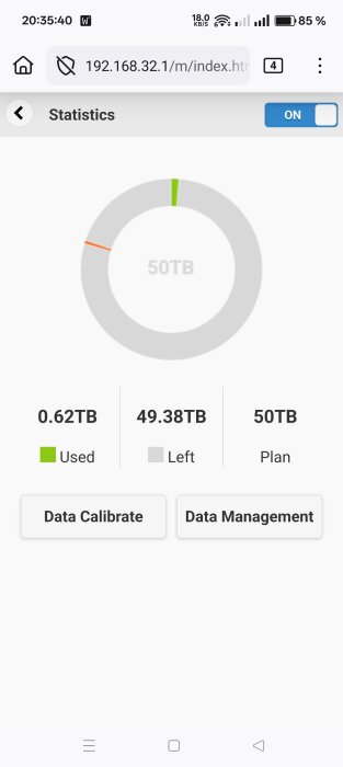 Routergränssnitt med statistik som visar dataförbrukning av 0.62TB av 50TB-planen. Alternativen "Data Calibrate" och "Data Management" syns.