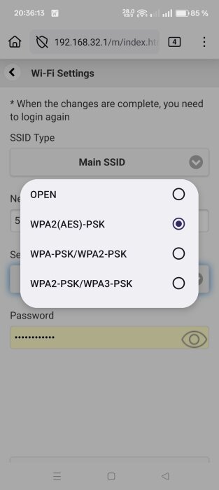 Routerinställningar visas med val av SSID-typ, markerat på WPA2(AES)-PSK.