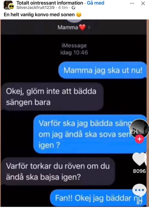 En skärmdump av ett textmeddelande mellan en mamma och hennes son med humoristisk ton om att bädda sängen.