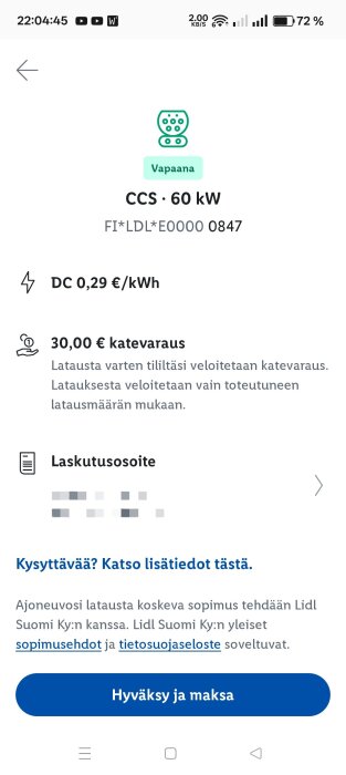 Skärmbild av en laddningsstation i Finland med CCS 60 kW, 0,29 €/kWh. Kreditreservation på 30 €, med betalningsknapp 'Hyväksy ja maksa'.