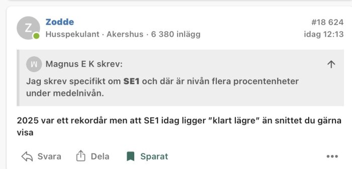 Diskussionstråd på ett forum där användare kommenterar om SE1 och procentnivåer jämfört med medelnivån och ett rekordår 2025.