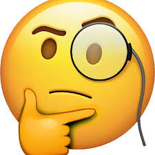 Emoji av ett gult ansikte med ett monokelglasögon och en fundersam min, pekar på hakan med handen.