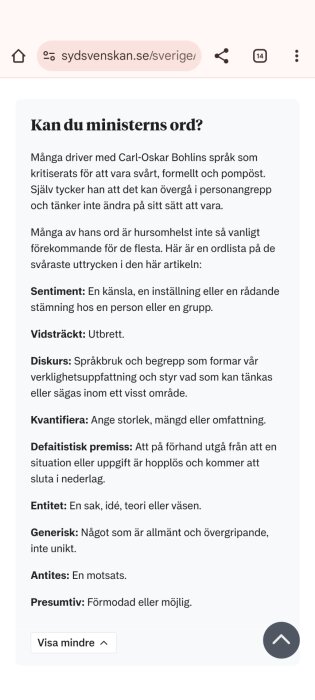 Text från Sydsvenskan om Carl-Oskar Bohlins språk, ordlista med svåra ord som "sentiment" och "diskurs".