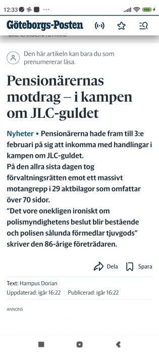 Tidningsartikel om pensionärers motdrag i kampen om JLC-guldet publicerad i Göteborgs-Posten av Hampus Dorian.